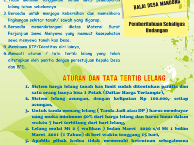 PENGUMUMAN LELANG Pengumuman Lelang Tanah Kas Desa Mandong Tahun 2020